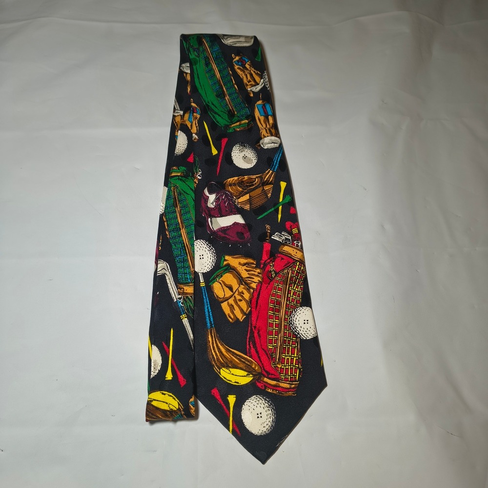 Vintage 1991 Addiction by Bolero Men Golf Motif Silk Necktie Black Multi Sport